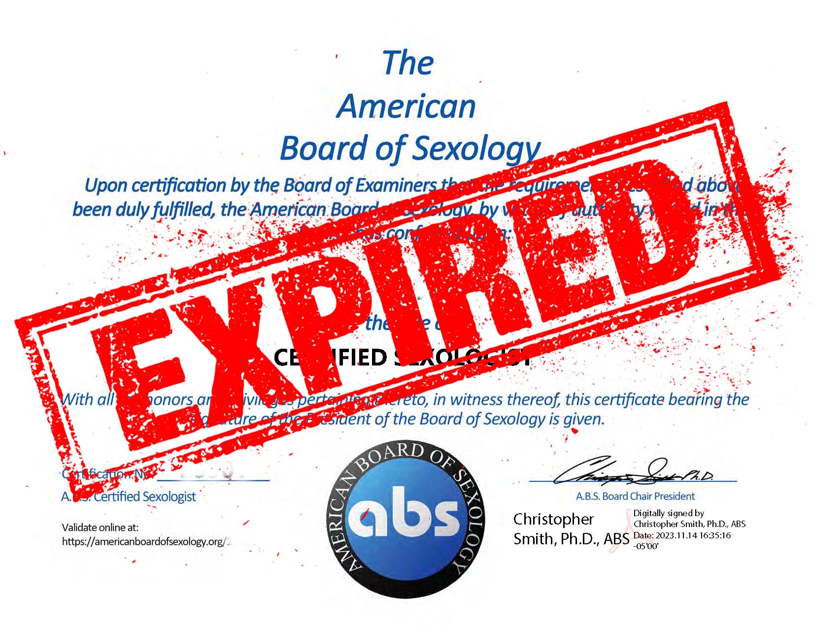 The American Board of Sexology - Expired Sexologist Certification